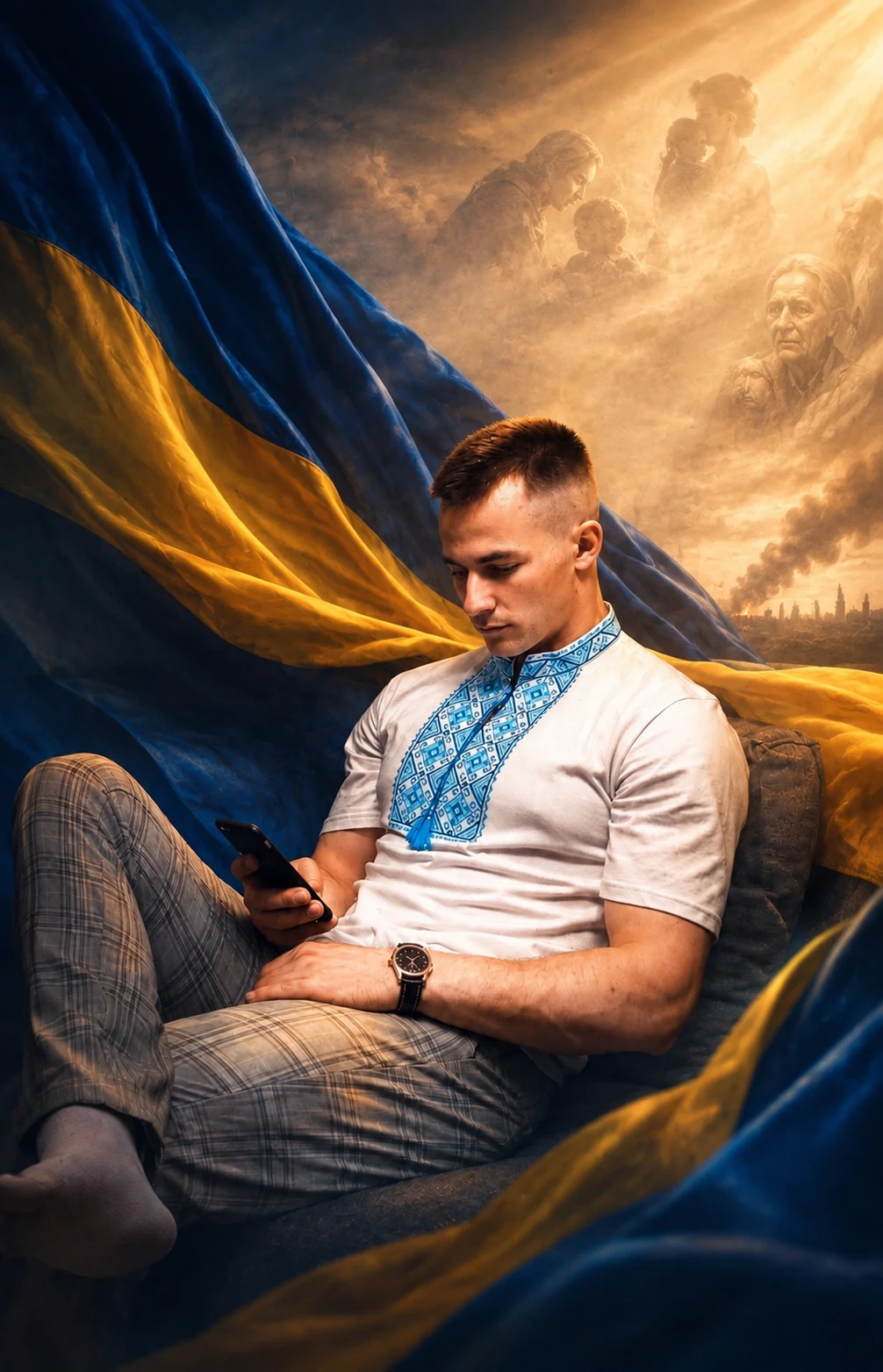 Синьо-жовтий прапор і чоловік в українській вишиванці — обкладинка вірша «За землю»